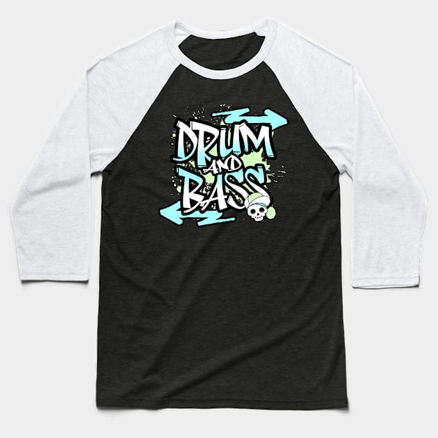 DRUM AND BASS  - Graffiti Skull (lime/teal) Baseball T-Shirt by DISCOTHREADZ 